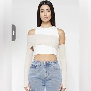 CROP TOP WITH KNITTED OVERLAY - WHITE/BEIGE